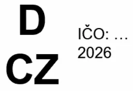 Obrazec se značkami: velké písmeno D, pod ním písmena CZ, vedle text „IČO: …“ a letopočet 2026